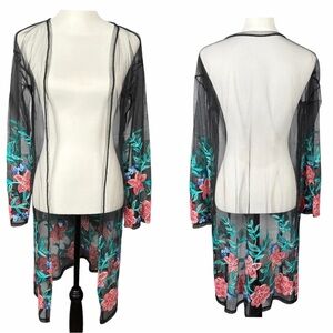 Janice Apparel Duster O/S Black Sheer Embroidered Boho Kimono Cover Up